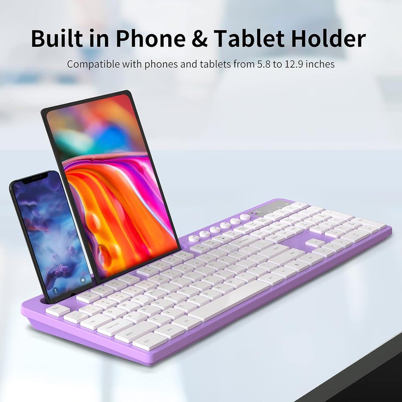 MARVO Wireless Keyboard and Mouse Combo, 2.4G Ergonomic Wireless Computer Keyboard with Phone Tablet Holder, Silent Mouse with 6 Button, Compatible with MacBook, Windows (Purple) - Image 3